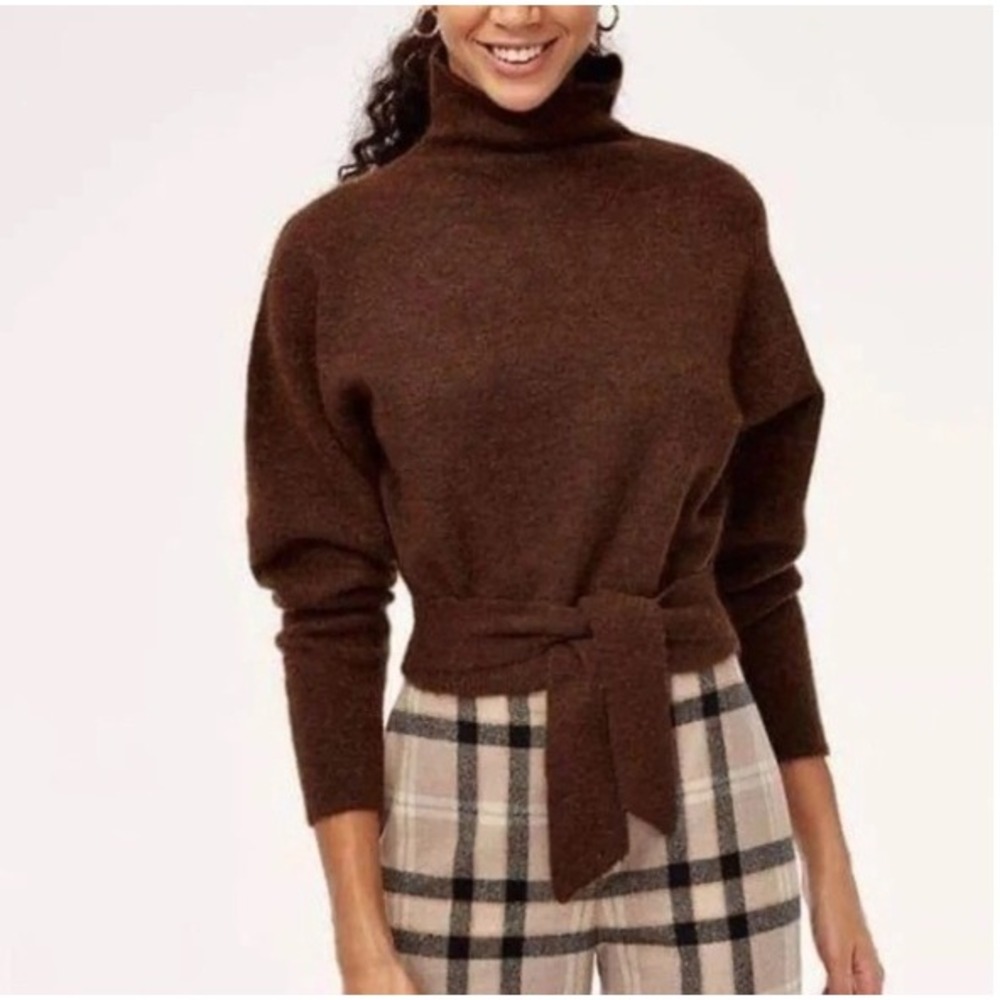 Wilfred Aritzia Lorin Sweater Brown Alpaca Wool Blend Tie Waist Mock Neck Sz S